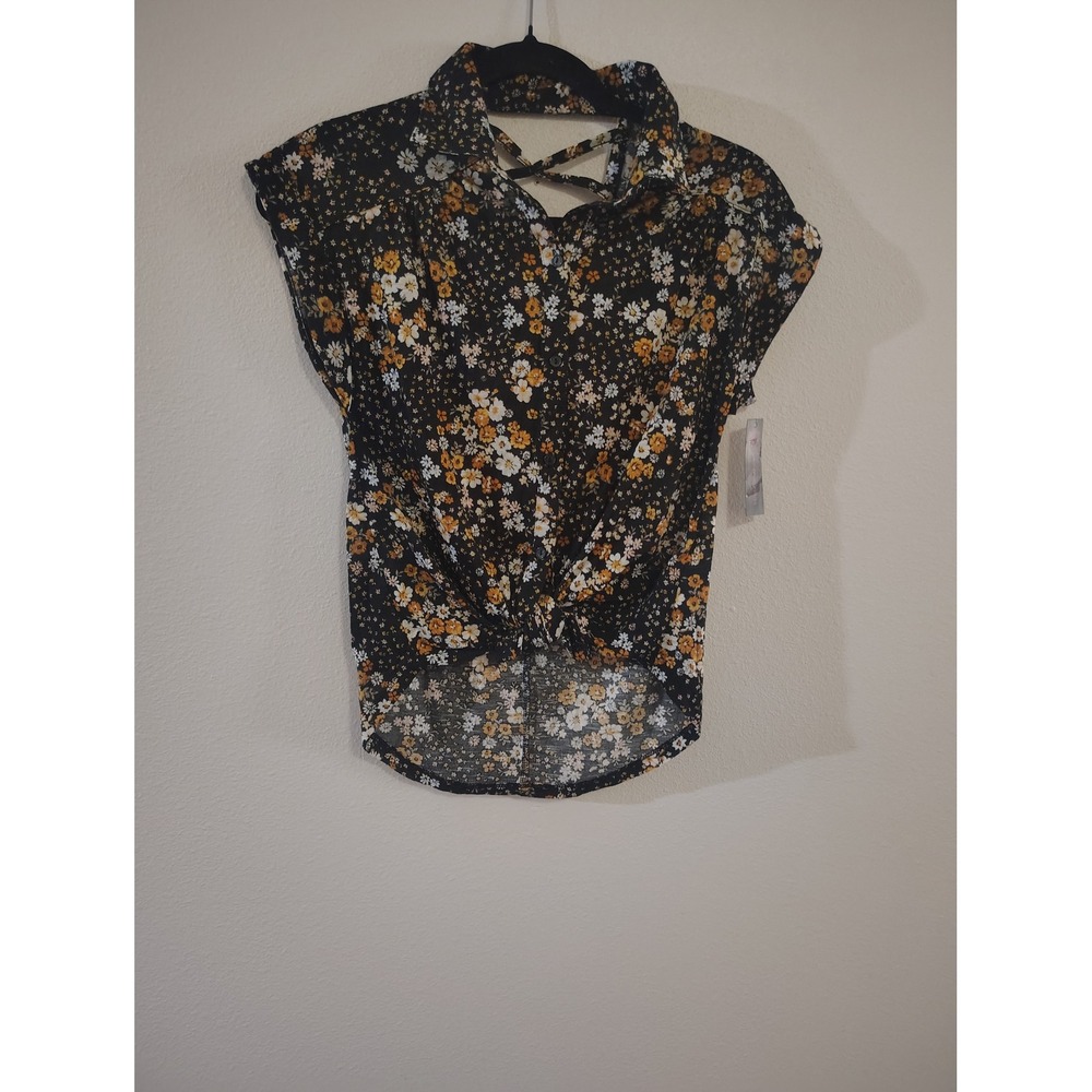 No Boundaries‎ Floral Tie Front Button Up Top Black Yellow XS New